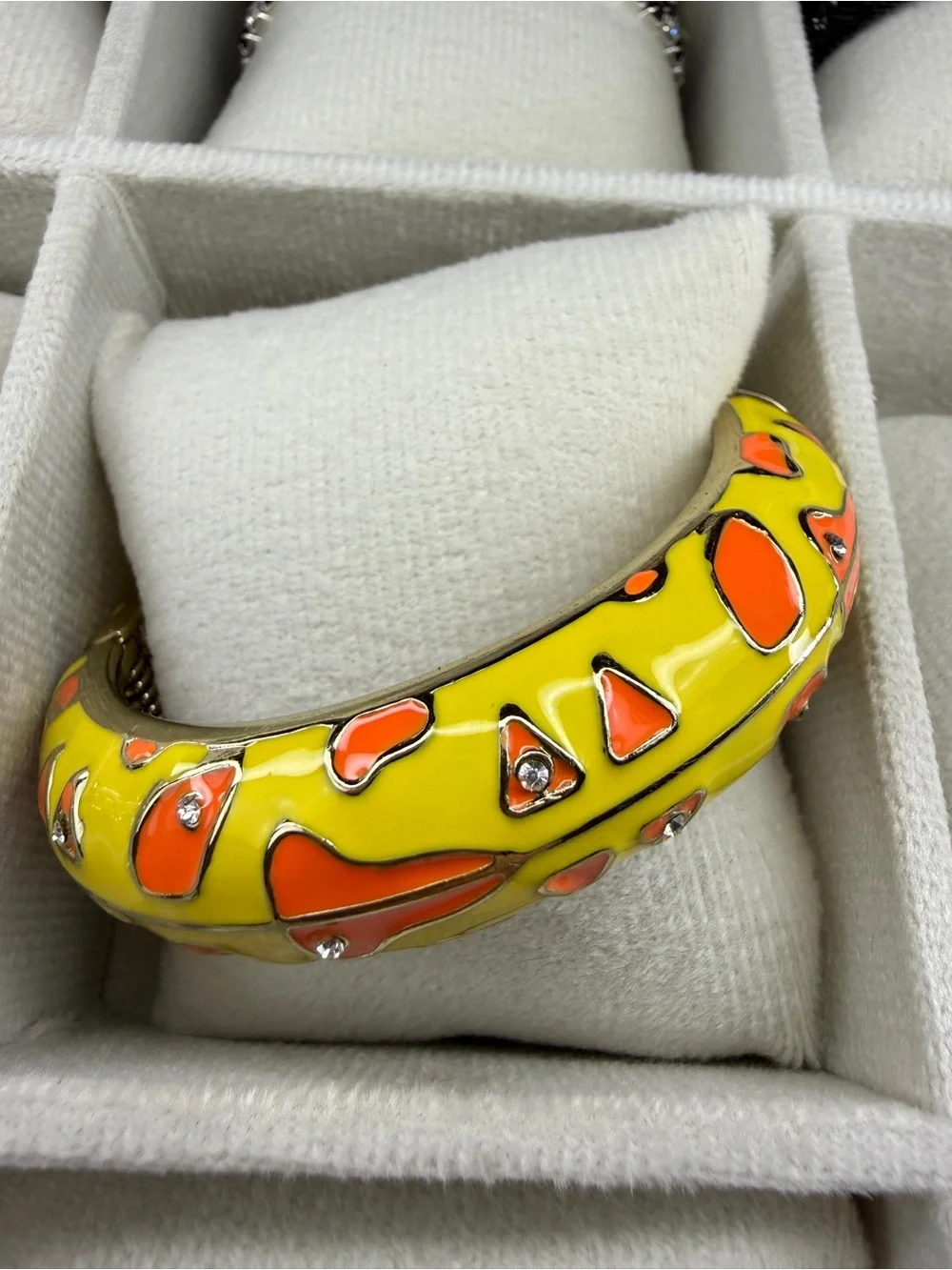Yellow and Orange Enamel Bangle Bracelet with Crystal Accents by